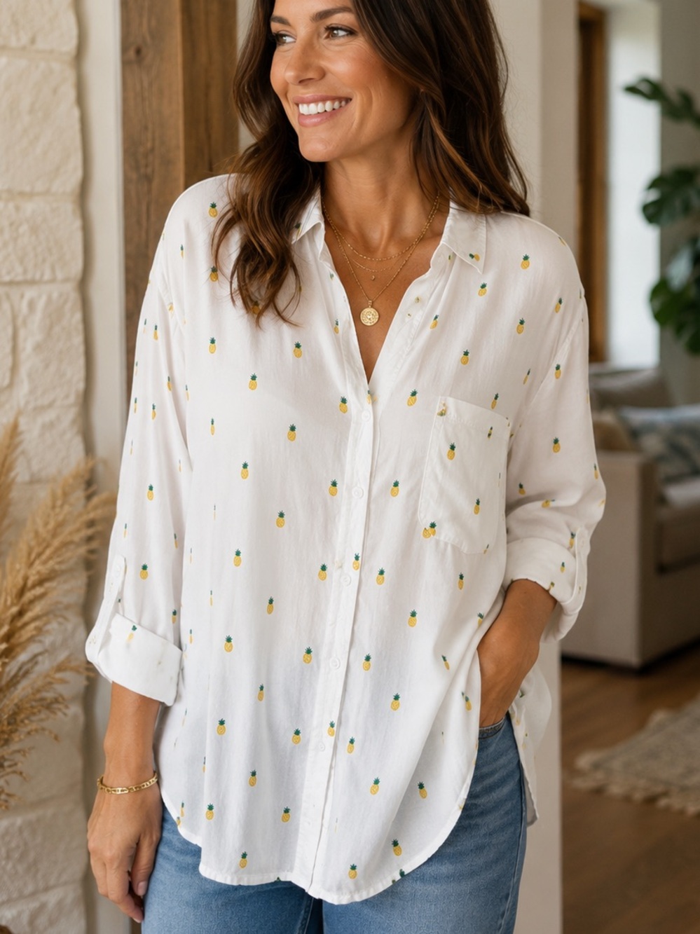 BeachLunchLounge Pineapple Print Button Front Shirt 2X White Viscose